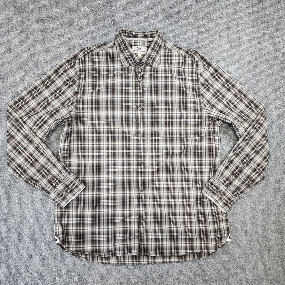 Hickey Freeman Shirt Mens XL Brown Plaid Long Sleeve Vented Outdoor Button Up